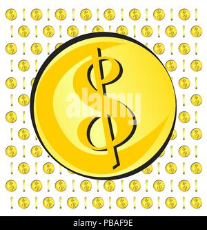 Gold coin with dollar sign on falling coins background. Modern vintage, pop art style. Vector object and pattern. Stock Vector