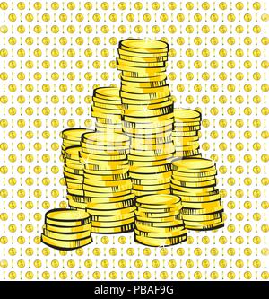 Golden coins stacks on coin seamless pattern. Retro vector illustration. Stock Vector