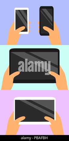 Mobile phones and tablet computers in hands. Choosing a purchase.  Flat vector smartphone and digital tablet  icons set. Stock Vector