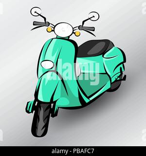 Old turquoise scooter. Three quarters view. Modern vintage ink style. Vector illustration. Retro moped. Stock Vector