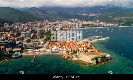 Aerial beautiful panoramic view at old town in Budva. Stock Photo