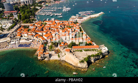 Aerial beautiful panoramic view at old town in Budva. Stock Photo