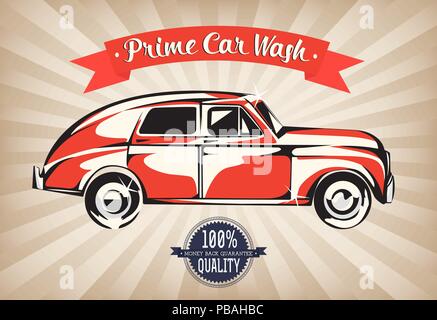 Prime Car Wash retro poster. Red shining vintage car, ribbon, 100% quality label, beige rays background. Vector illustration. Stock Vector
