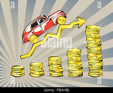 Golden coins stacks and retro luxury car going up on increasing arrow. Business success, casino luck,  bank credits, deposit, investment, saving, fort Stock Vector