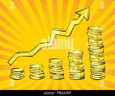 Gold coins with increasing arrow in retro cartoon style. Orange rays background Stock Vector