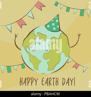 Happy Earth Day illustration. Holiday concept. Cute kawaii Planet in pastel colors. Happy character, funny and joyful celebration. Vector image. Stock Vector