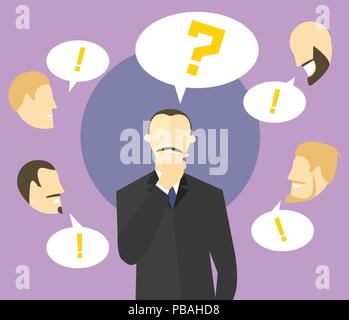 Making decision concept. Boss doubts. Colleagues give advices. Businessman unsure. Doubtful and confident man. Vector flat style illustration. Stock Vector