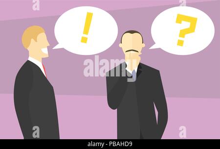 Making decision concept. Boss doubts. Colleague gives advice. Businessman unsure. Doubtful and confident man. Vector flat style illustration. Stock Vector
