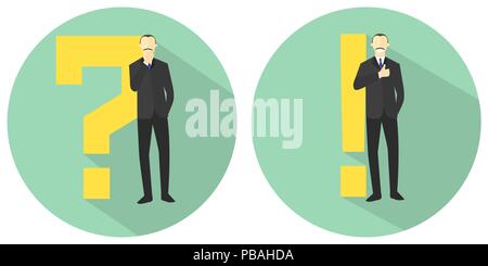 "Big question" and "best solution" concept signs. Flat cartoon style. Thinking, doubtful businessman. Satisfied, sure man. Long shadows vector icons.  Stock Vector