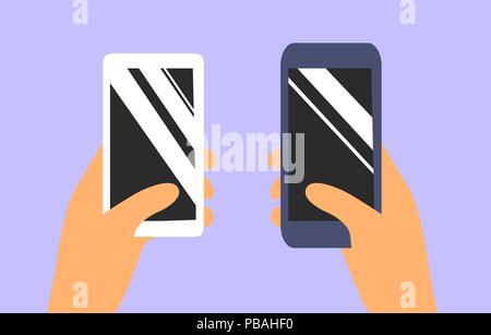 Mobile phones in hands. Choosing a purchase.  Flat vector smartphone icons. Selection concept Stock Vector