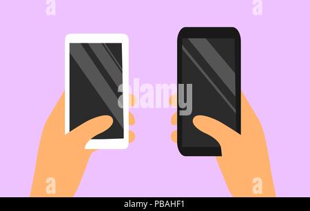 Mobile phones in hands. Choosing a purchase.  Flat vector smartphone icons. Selection concept Stock Vector