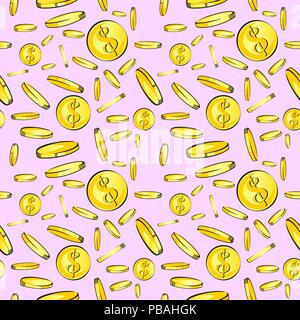 Gold coins seamless pattern. Vector design for fabric print. Money background on light pink fond. Falling dollars Stock Vector