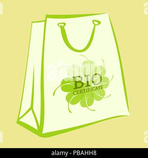 White paper bag with bio certificate sign. Vector shopping icon. Light green contours Stock Vector