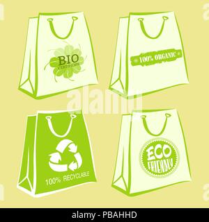 Set of white paper bags with ecological signs and green contours. Bio certificate, 100% organic, eco friendly, recyclable labels. Vector illustration Stock Vector