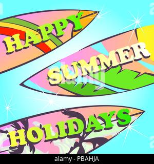 Happy summer holidays design. Retro stylized surfing boards with rainbow, pink and yellow sunset, palms, palm leaves on turquoise light gradient water Stock Vector