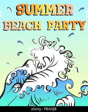 Summer beach party poster. Turquoise and blue wave with foam, splatter. Light gradient vector illustration. Stock Vector