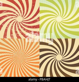 Retro backgrounds set. Vintage patterns with rays and dots. Vector scratched texture. Stock Vector