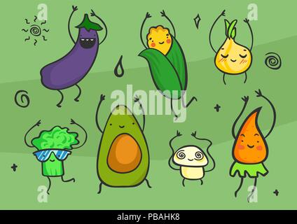 Cute kawaii cartoon vegetables set. Smiling and dancing characters. Healthy food products: eggplant, corn, onion, broccoli, avocado, mushroom, carrot. Stock Vector