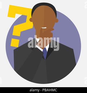 Black man with a question mark. Person doubts. "I don't know" expression. Making decision sign. Flat design. Vector illustration Stock Vector