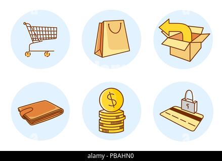 Online shopping flat line icons. Set of colored 'market' signs. Vector illustrations. Stock Vector