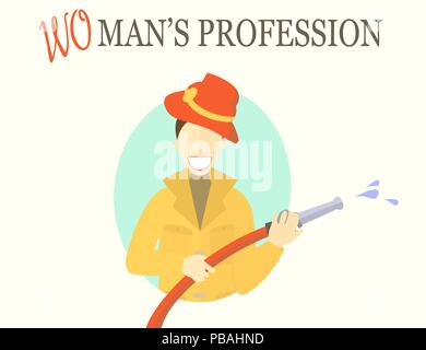 Woman in firefighter uniform. Girl doing men's work concept. Flat vector illustration. Stock Vector