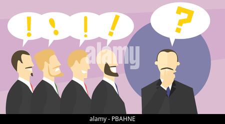 Making decision concept. Boss doubts. Colleagues give advices. Businessman unsure. Doubtful and confident man. Vector flat style illustration. Stock Vector