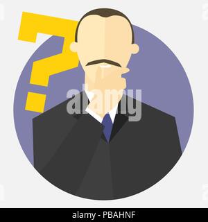 Businessman with a question mark. Man doubts. "I don't know" expression. Making decision sign. Flat design. Vector illustration Stock Vector