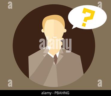 Blonde man with a question mark. Person doubts. "I don't know" expression. Making decision sign. Flat design. Vector illustration Stock Vector