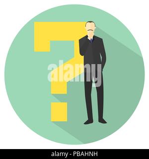 Man with a question mark. Businessman doubts. "I don't know" expression. Making decision sign. Flat design. Vector illustration Stock Vector