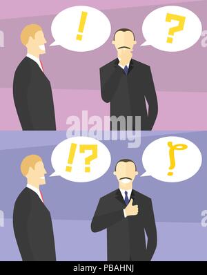 Making decision concept. Boss doubts. Colleague gives advice. Businessman unsure, then sure. Doubtful and confident man. Vector flat style illustratio Stock Vector