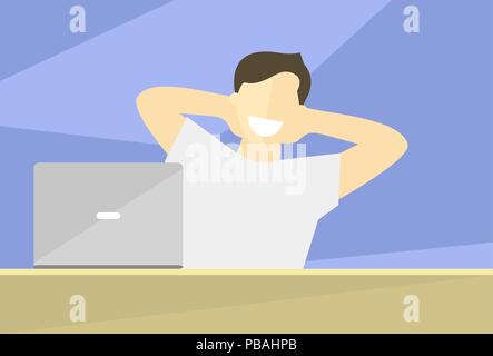 Satisfied man flat illustration . Work done concept. Happy impersonal character working on laptop. Vector image Stock Vector