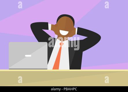 Satisfied black man flat illustration . Work done concept. Happy impersonal businessman working on laptop. Vector image Stock Vector