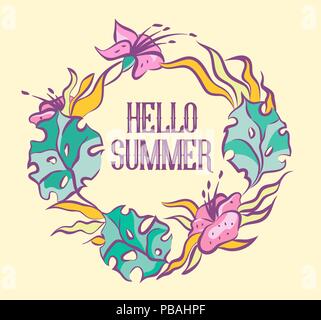Hello summer sign. Light pastel floral wreath. Violet contour. Vector illustration. Stock Vector