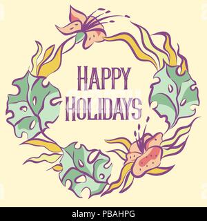 Happy holidays sign. Light pastel floral wreath. Violet contour. Vector illustration. Stock Vector