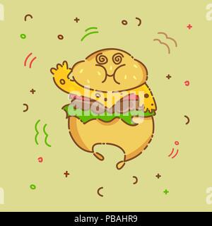 Cute kawaii cartoon hamburger. Flat line design. Fast food character. Vector illustration. Stock Vector