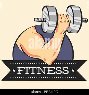 Bodybuilding strong bicep Illustration. Workout and fitness sport icon. Creative vector cartoon style poster. Stock Vector