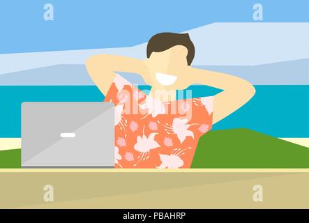 Satisfied man flat illustration . Work done concept. Happy impersonal businessman working on laptop. Freelance conception. Colorful background and flo Stock Vector