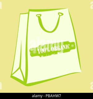 White paper bag with eco friendly sign. Vector shopping icon. Light green contours Stock Vector