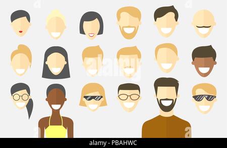 Flat people faces set. Different haircuts. Avatar icons. Vector cartoon impersonal characters. Male and female Stock Vector