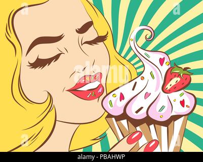 Girl eating cake. Vector retro styled illustration. Blonde woman in pop art style. Stock Vector