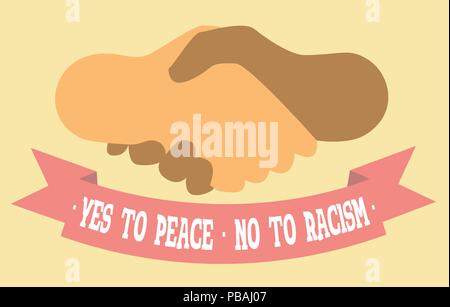 'Yes to Peace, No to Racism' poster. Handshake and ribbon. Hands of different colors. Vector illustration Stock Vector