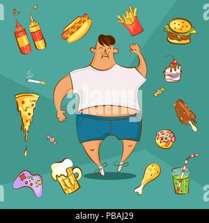 Fast food addiction concept. Unhealthy nutrition conception. Fat man and different dishes in cartoon style. Vector illustration Stock Vector