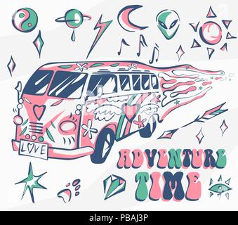 Adventure time vector poster. Hippie car, mini van with different symbols. Retro colors. Psychedelic concept. Vector illustration for summer holiday,  Stock Vector