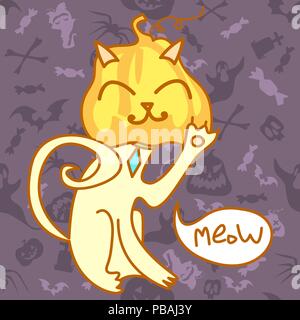 Halloween cat with pumpkin instead of head. Comic cartoon character on seamless holiday background. Vector illustration Stock Vector