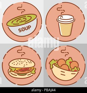 Fast food set, flat design. Soup, coffee, hamburger and falafel. Vector illustrations Stock Vector