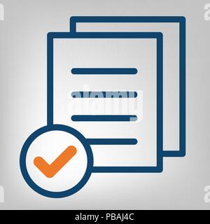 Flat line done icon. Quality control concept. Laconic blue and orange lines on gray background. Isolated vector object Stock Vector