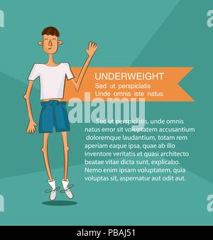 Young man in white shirt with underweight. Comic cartoon illustration. Unhealthy nutrition article layout.Vector character. Stock Vector
