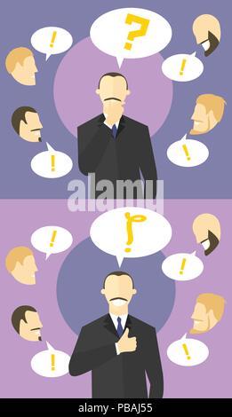 Making decision concept. Boss doubts. Colleagues give advices. Businessman unsure, then sure. Doubtful and confident man. Vector flat style illustrati Stock Vector