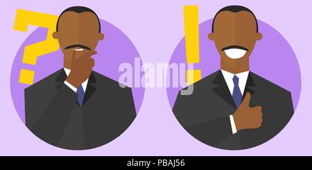"Big question" and "best solution" concept signs. Flat cartoon style. Thinking, doubtful black man. Satisfied, sure businessman. "Good idea", "dont kn Stock Vector