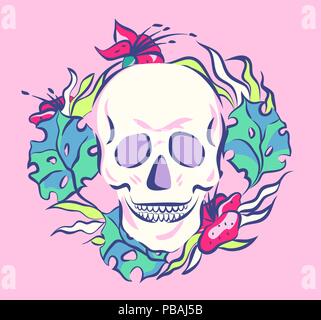 Colorful skull in floral wreath. Old School vector illustration. Stock Vector